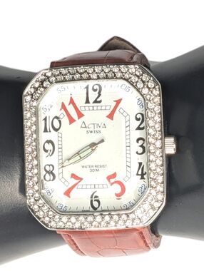 Vintage Activa Watch Swiss Rhinestone Crystal Bezel Brown Faux Croc Strap 30M